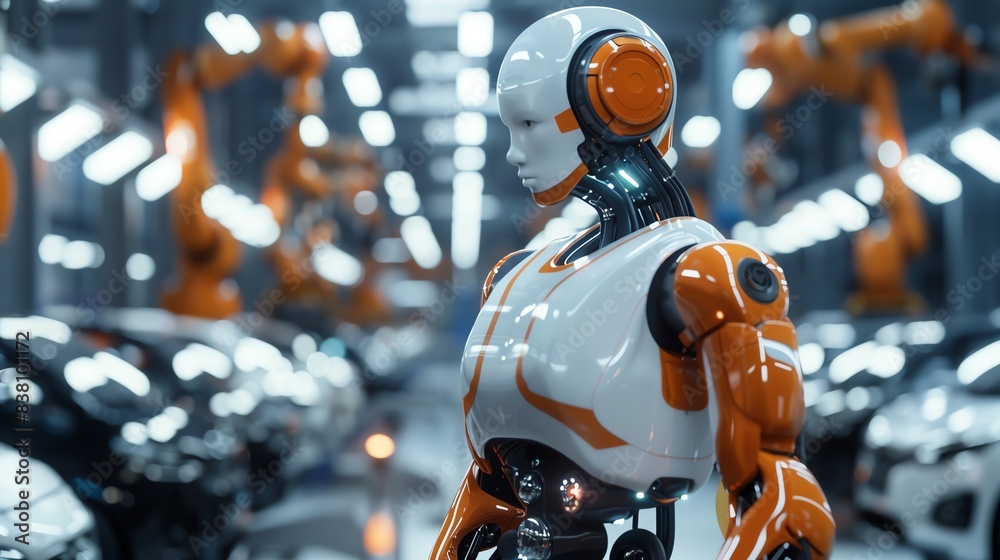 Fototapeta premium Futuristic robotic humanoid in an industrial factory setting with advanced machinery and technology in the background.