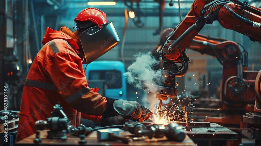 Industrial robotic engineer welding metal parts in a factory with sparks flying, showcasing advanced manufacturing technology and worker safety. Industrial robotic engineer welding metal parts in a factory with sparks flying, showcasing advanced manufacturing technology and worker safety.