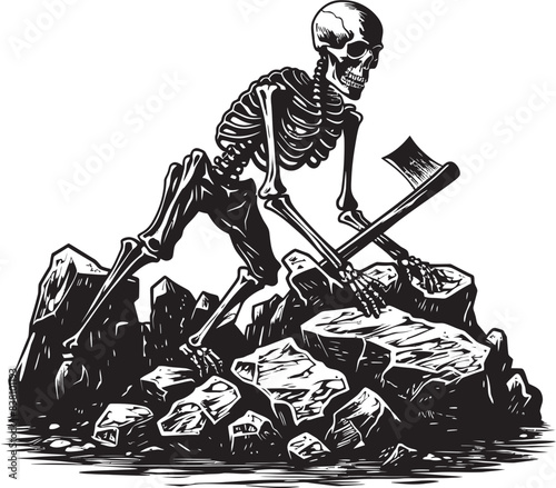 Skull and Stone Background Whimsical Icon Art Skeleton Hammering Concept Contemporary Vector Symbol