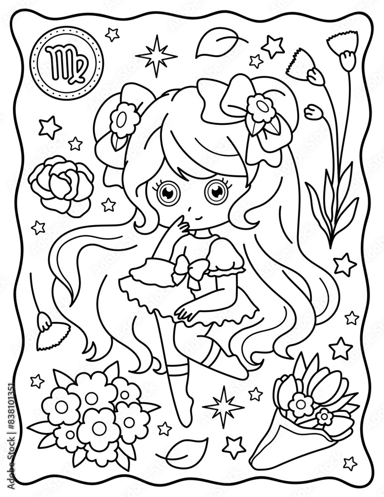 Kawaii girl, Virgo, zodiac sign,
cute girl with flowers. Cute characters. Coloring page, page, book, black and white vector illustration. Kawaii girl, Virgo, zodiac sign,
cute girl with flowers. Cute characters. Coloring page, page, book, black and white vector illustration.