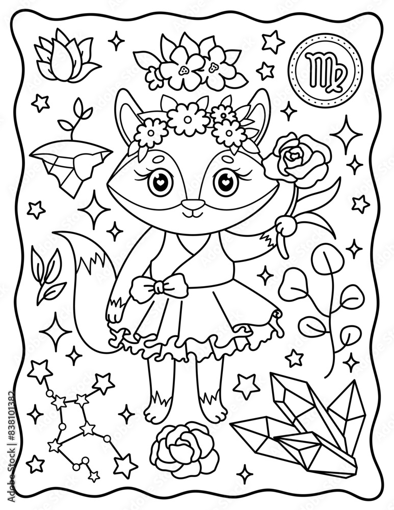 Cute fox Virgo. Kawaii. Cute characters. Coloring page, page, book, black and white vector illustration.