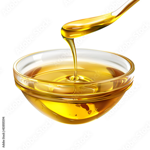 Golden Oil Pouring Into Glass Bowl, Isolated on a Transparent Background, Graphic Resource