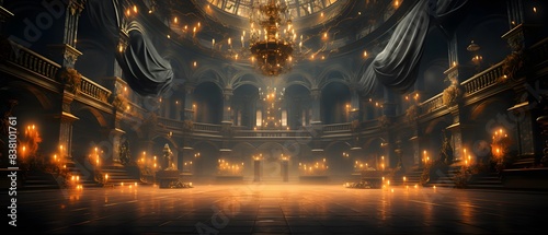 Interior of an old theater with lights and smoke. 3d rendering