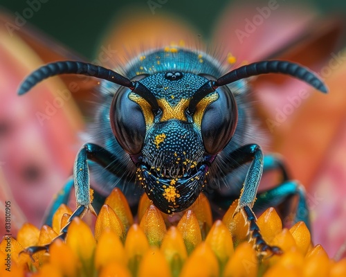 Close-up of a vibrant blue bee perched on an orange flower, showcasing fine details and colors in stunning macro photography. photo