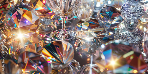 The Dazzling Decor: A sparkling collection of crystal, glass, and metal objets, glinting in the light and casting kaleidoscopic reflections