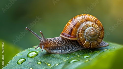 Close-up of a snail on a green leaf with water droplets, showcasing intricate shell patterns and natural beauty in a serene outdoor setting.