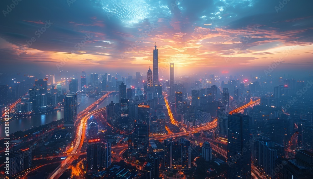 Fototapeta premium Futuristic digital cityscape with towering skyscrapers and illuminated highways
