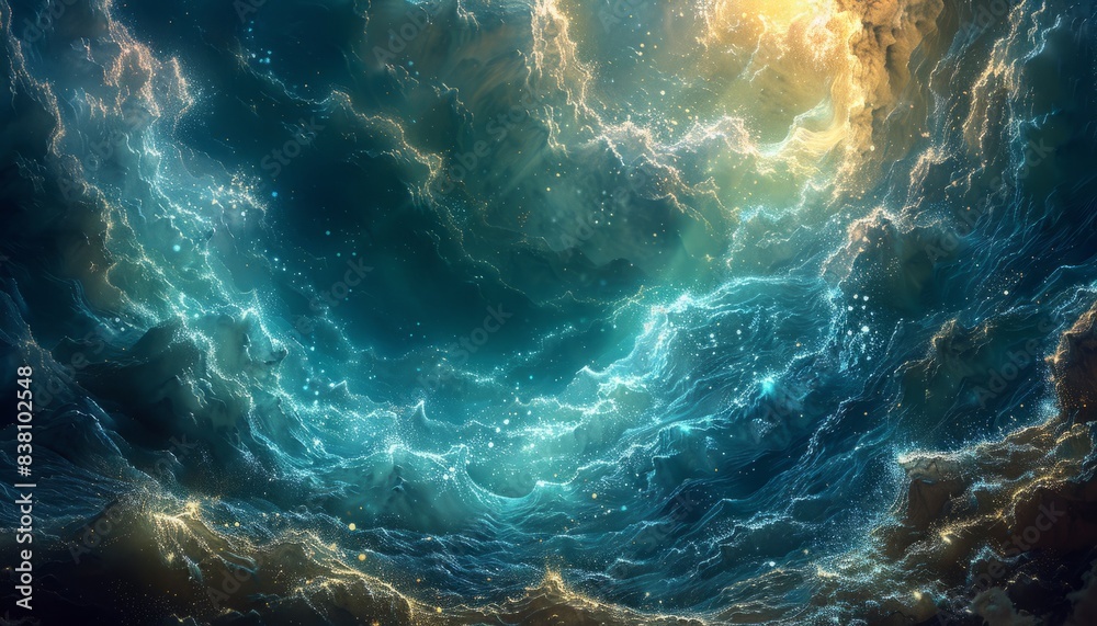 Abstract underwater world with bioluminescent creatures and undulating currents of light Abstract underwater world with bioluminescent creatures and undulating currents of light