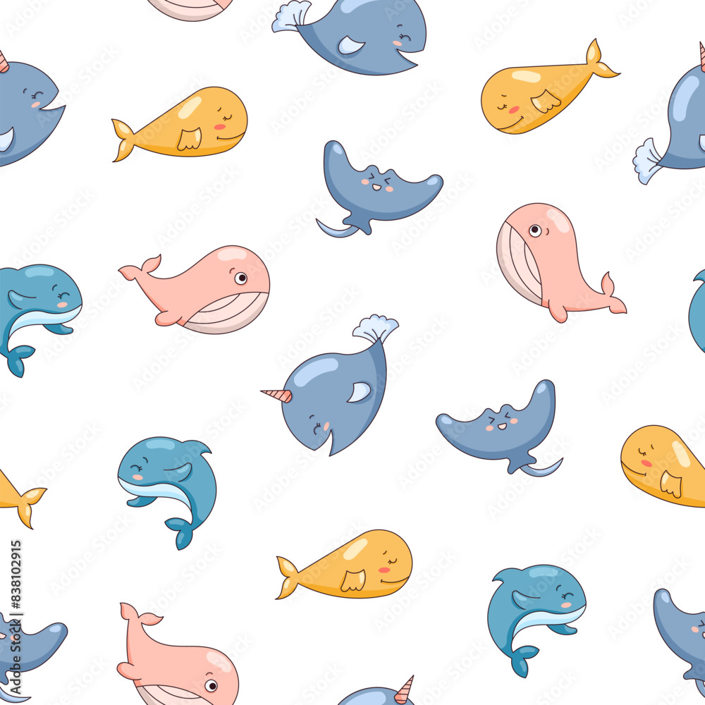 Cartoon aquatic animals. Seamless pattern. Fish characters underwater world. Marine life. Vector drawing. Design ornaments. Cartoon aquatic animals. Seamless pattern. Fish characters underwater world. Marine life. Vector drawing. Design ornaments.