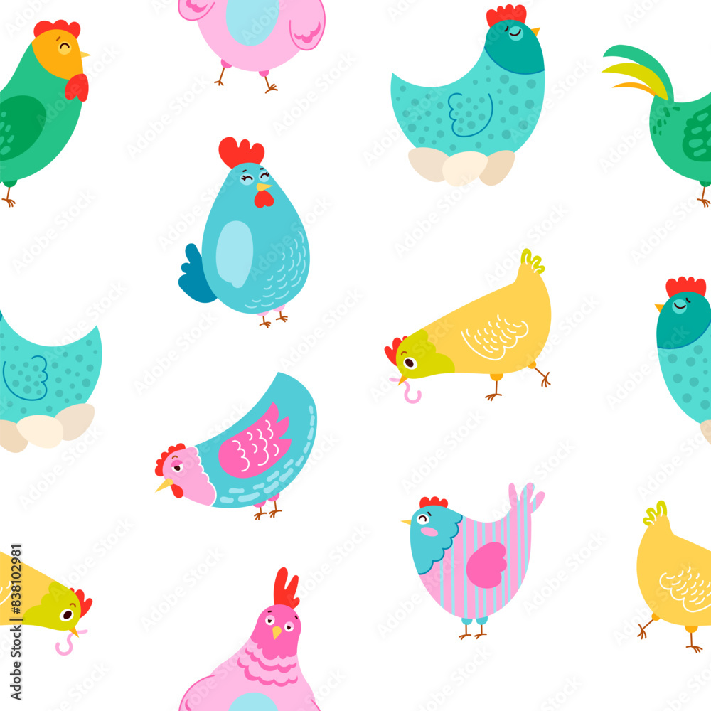 Obraz premium Hen rooster and chick. Seamless pattern. Cute chicken farm characters. Vector drawing. Design ornaments.