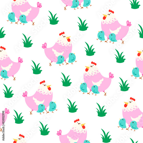 Hen rooster and chick. Seamless pattern. Cute chicken farm characters. Vector drawing. Design ornaments.