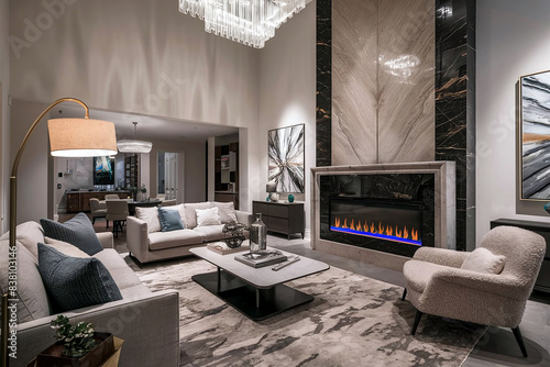 Elegant modern living room with stylish furniture layout, featuring a cozy sofa, chic coffee table, and decorative accents in a spacious, well-lit area perfect for contemporary interior design. 