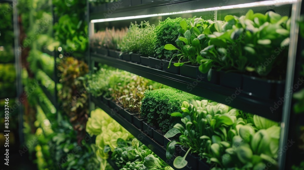 Vertical farm facility, showcasing rows of leafy greens and herbs growing vertically in stacked layers under artificial lighting