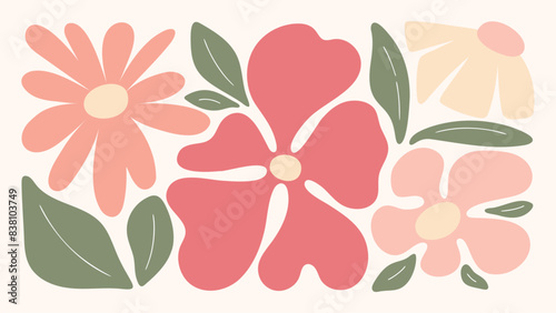 Abstract botanical art background vector. Natural hand drawn pattern design with pink flower, leaves branch. Simple contemporary illustrated Design for fabric, print, cover, banner, wallpaper.