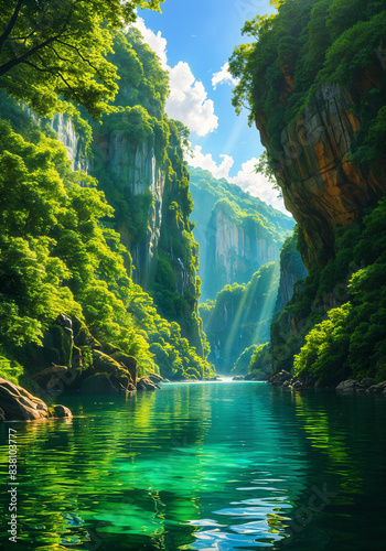A serene landscape featuring a river flowing through a lush, green valley surrounded by towering cliffs and dense forests. The sky is clear and blue, with a few clouds scattered across it. © Aleksei Solovev