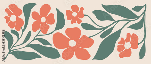 Abstract botanical art background vector. Natural hand drawn pattern design with orange flower, leaves branch. Simple contemporary illustrated Design for fabric, print, cover, banner, wallpaper.