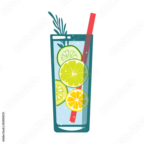 Detox water with lime, cucumber, rosemary and lemon. Refreshing cocktail, delicious, healthy drink, lemonade in a glass. Vector illustration.
