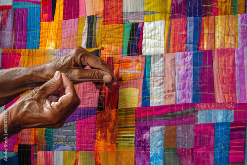 Close up side view looking at an elderly woman's hands as she stitches a brightly colored homemade quilt.