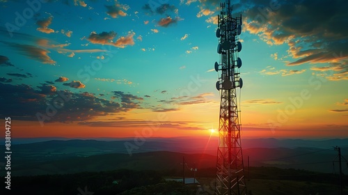 A modern cell tower with several dishes and antennas against the backdrop of blue sky at sunset. A telecommunication structure, with an aerial tower made from steel beams and metal plates.