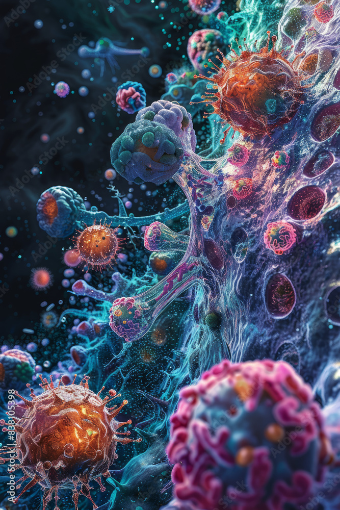 Bright and detailed of microscopic cells, viruses, and bacteria, depicting a vibrant and intricate biological environment in vivid colors. Bright and detailed of microscopic cells, viruses, and bacteria, depicting a vibrant and intricate biological environment in vivid colors.