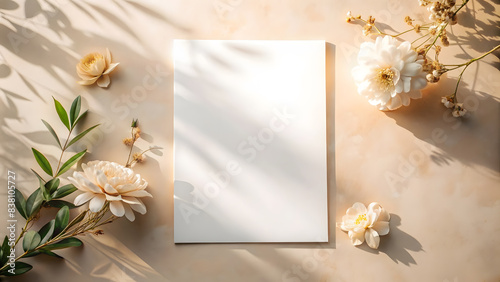 Wedding invitation mockup with flowers  mockup on beige background