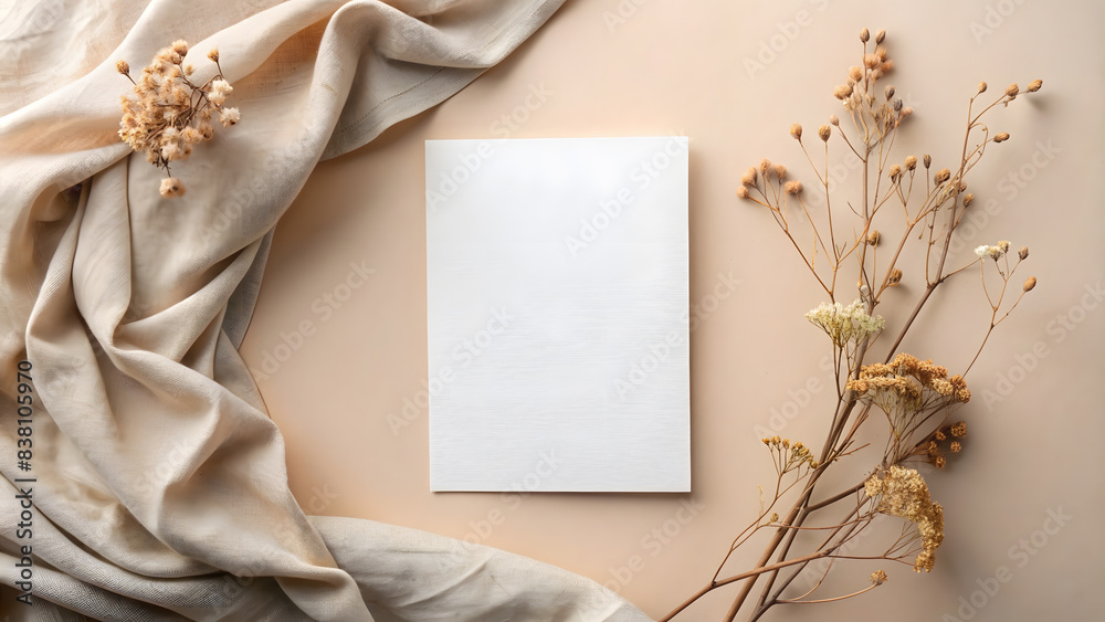Wedding invitation mockup with flowers, mockup on beige background Wedding invitation mockup with flowers, mockup on beige background
