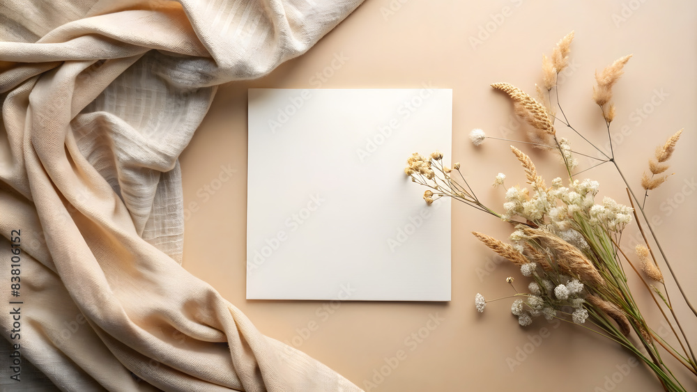 White rectangle mockup on beige background with plant White rectangle mockup on beige background with plant