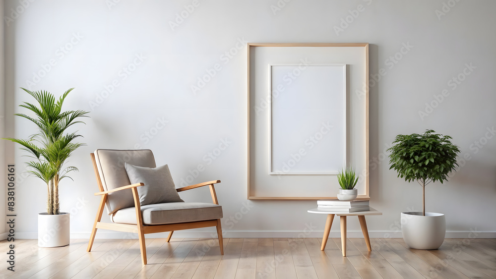 Mockup empty frame on a white background in a room with a modern interior. Nearby there is an armchair and a table with a plant. Mockup empty frame on a white background in a room with a modern interior. Nearby there is an armchair and a table with a plant.