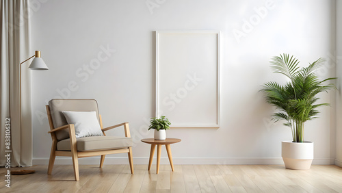 Mockup empty frame on a white background in a room with a modern interior. Nearby there is an armchair and a table with a plant.