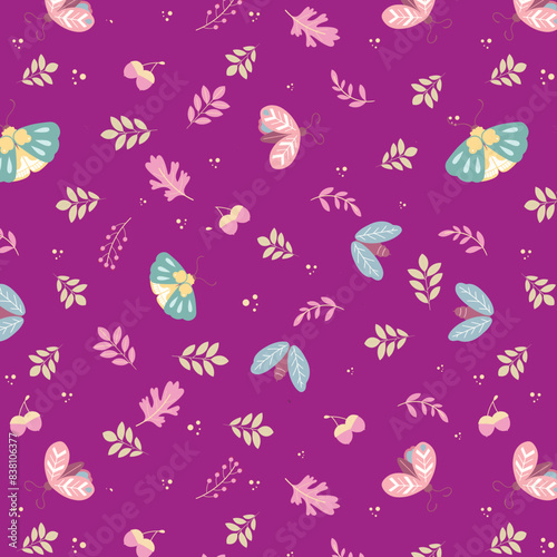 Seamless pattern with whimsical moth flowers and leave