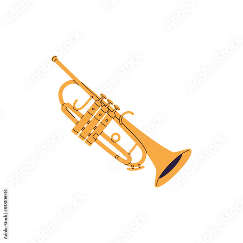 Golden trumpet icon. Gold cornet for playing classical or jazz performance, blues melody. Wind, brass instrument, professional music equipment. Flat isolated vector illustration on white background