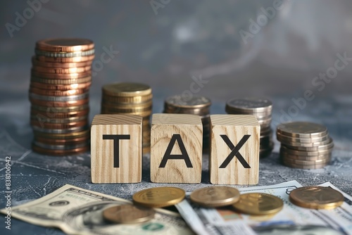 Tax season. Taxation. Word Tax on wooden blocks, calculator, coins stack. Paperwork, financial research, report. Calculation tax return. Personal banking. Finance. Planning budget. Calculating expense