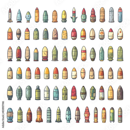 Cartoon Artillery Shells Icons Set. White Background. Simple Cartoon Style. Illustrations of Various Types of Artillery Shells Military Ordnance Explosive Ammunition