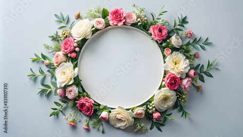 White circle frame Mockup in light pink flowers, roses arranged around