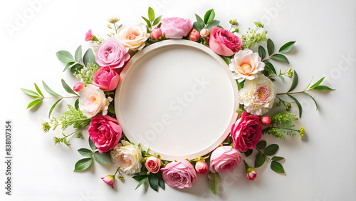 White circle frame Mockup in light pink flowers, roses arranged around © Daria