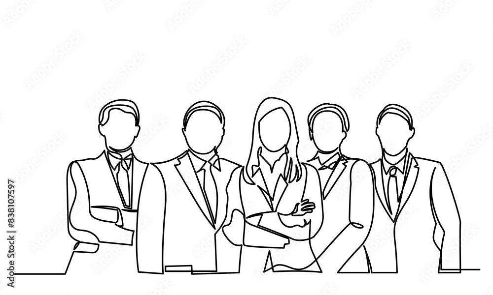 single line drawing of a group of businessmen and women standing, continuous line drawing of working people together in the office. Business team and teamwork concept. Isolated on a white background. single line drawing of a group of businessmen and women standing, continuous line drawing of working people together in the office. Business team and teamwork concept. Isolated on a white background.