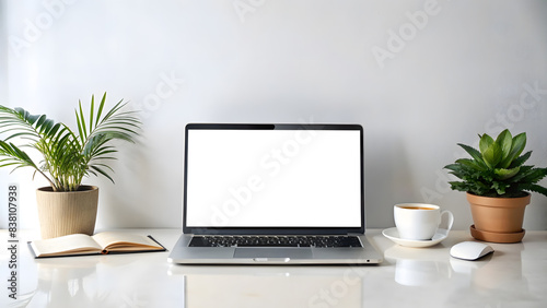 Mockup Laptop with blank screen on home office desk. Minimal workspace with blank computer screen mockup on white background