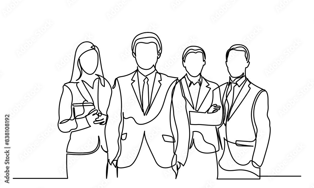 single line drawing of a group of businessmen and women standing, continuous line drawing of working people together in the office. Business team and teamwork concept. Isolated on a white background.