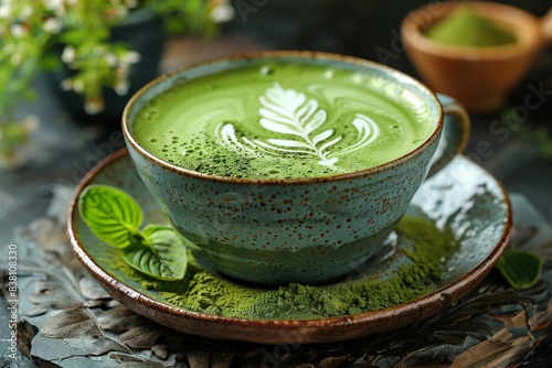 Matcha Latte - Vibrant green matcha latte with foam art in a ceramic cup. 