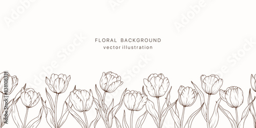 Tulip flower line art seamless border background. Floral tulips plant leaf frame design card. Summer vintage bouquet luxury pattern. Vector illustration nature spring wedging card