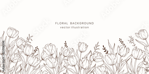 Tulip flower line art seamless border background. Floral tulips plant leaf frame design card. Summer vintage bouquet luxury pattern. Vector illustration nature spring wedging card