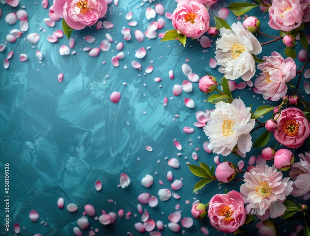 Beautiful peony flowers boarder on light blue background. Beautiful peony flowers boarder on light blue background.