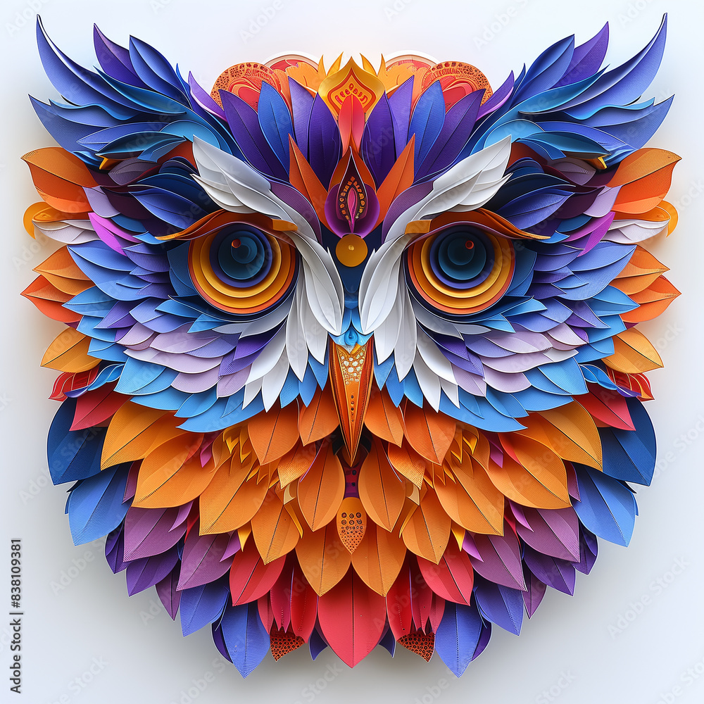 Obraz premium Colorful paper art owl with intricate feather details and floral embellishments isolated on a white background 