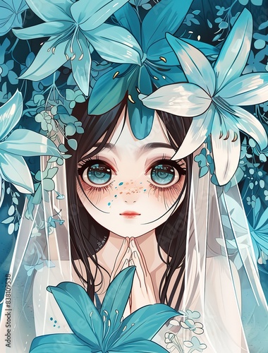 cute pretty girl wearing wedding dress with white veil and lily flower blossom, anime cartoon girl  photo