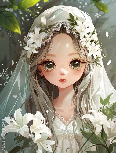 cute pretty girl wearing wedding dress with white veil and lily flower blossom, anime cartoon girl  photo