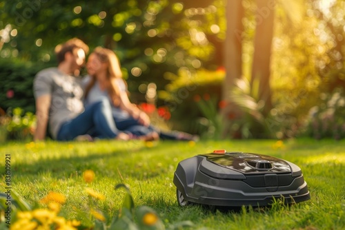 The couple sitting in the background felt grateful for the advanced technology of the robot lawn mower, which handled the tedious task of mowing photo