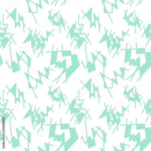 Seamless abstract geometric pattern. Green, white. Illustration. Ethnic elements. Chaotic digital texture. Lines, polygons. Design for textile fabrics, wrapping paper, background, wallpaper, cover.