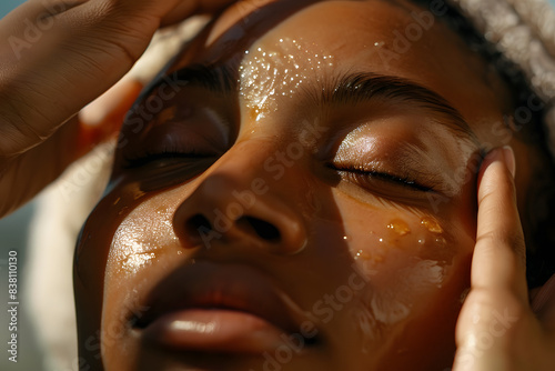 A close-up of a person's hands massaging a luxurious facial oil into their skin, promoting hydration and glow, skincare routine 