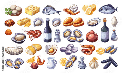 Cartoon miscellaneous seafood ingredients icon set. Simple vector on white background. Various seafood components. Ingredients for seafood dishes. Culinary elements