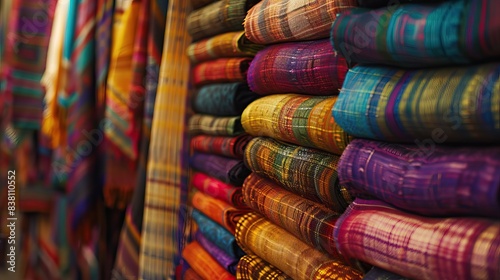 Colorful Stack of Folded Textiles and Fabrics Displayed in Market